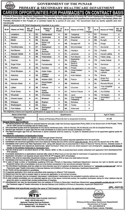 P&S Healthcare Department Punjab Pharmacists Jobs NTS Roll Number Slip 2017