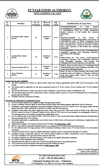 Punjab Food Authority NTS Jobs 2017 Application Form, Roll Number Slips & Results