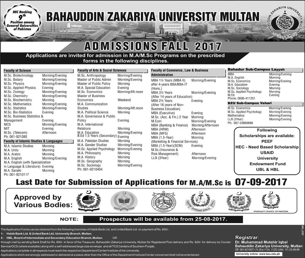 BZU Multan MA MSc MBA Admission Fall 2017 Application Form 