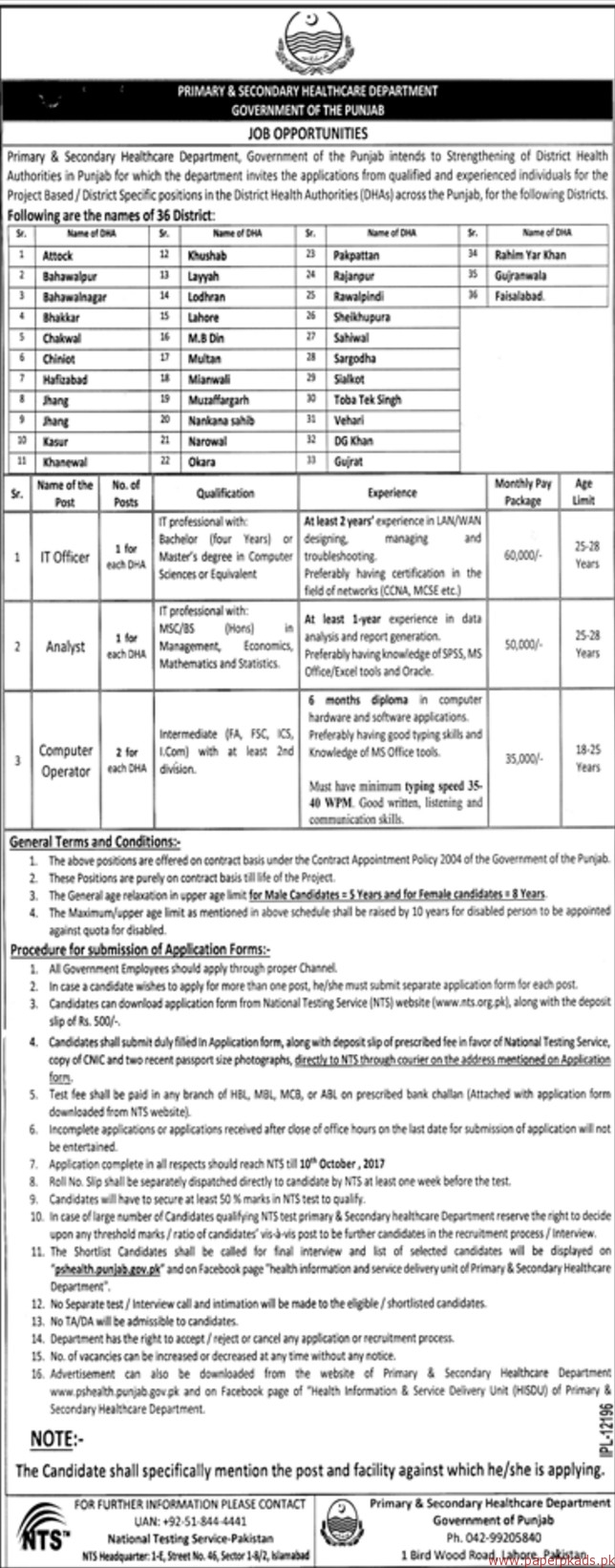 P&S Healthcare Department Punjab Jobs 2017 NTS Application Form for IT Officer, Analyst & Computer Operator