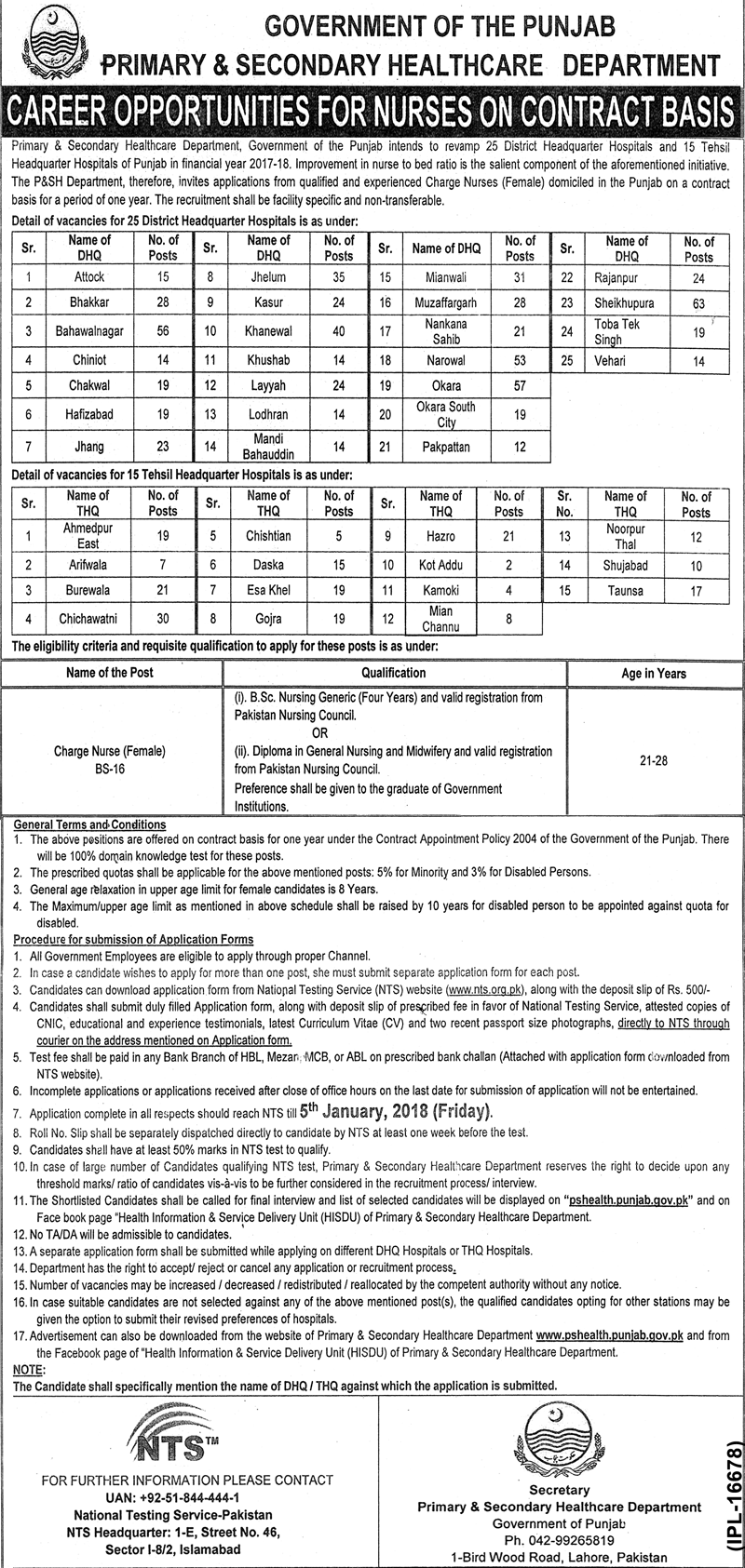 P&SH Department Punjab Charge Nurse NTS Jobs 2023 Test Dates, Application Forms & Results