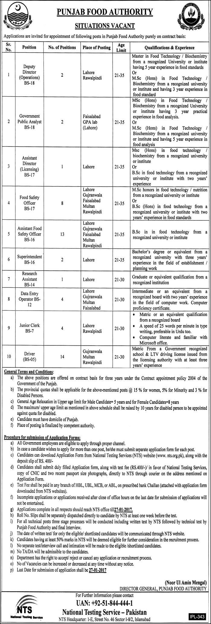 Punjab Food Authority NTS Jobs Application Forms 2022