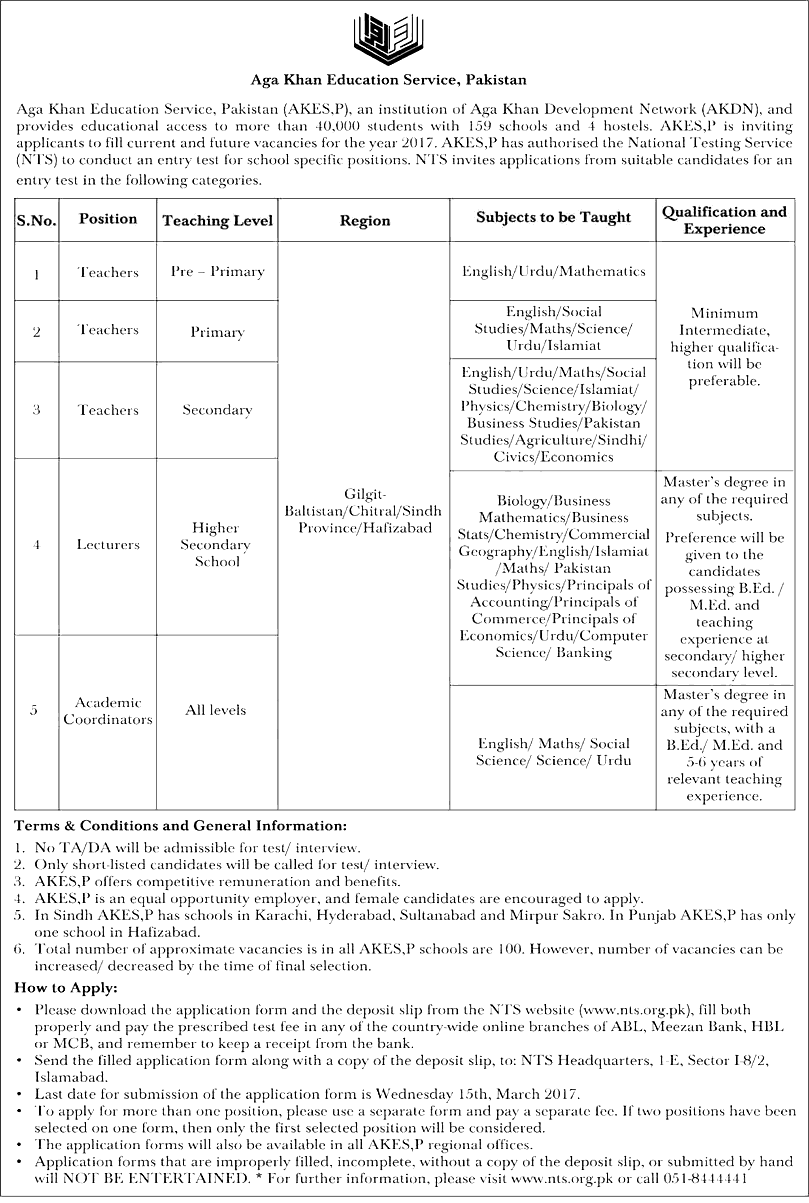 AKES Pakistan NTS jobs 2017 Eligibility Online Form