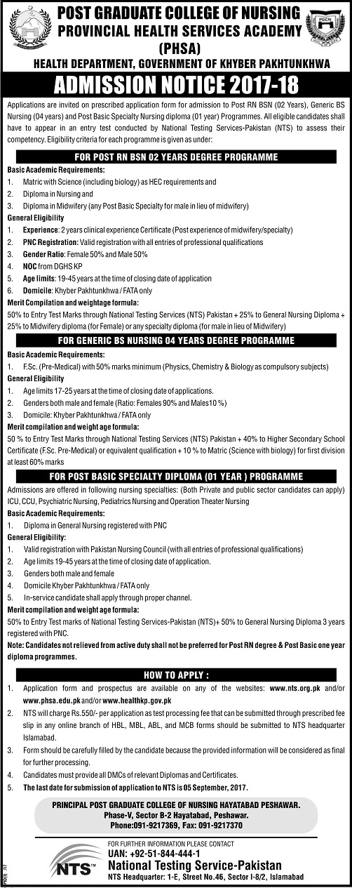 Postgraduate College of Nursing Provincial Health Services Academy NTS Admission Forms 2022 How to Apply