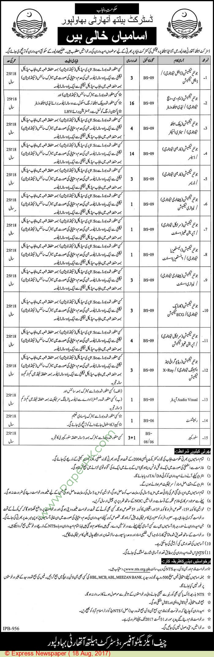 Health Department Bahawalpur Jobs NTS Roll Number Slip 2017