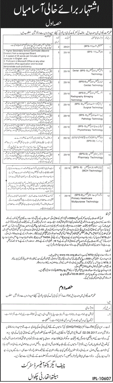 Health Department Chakwal Jobs 2017 NTS Roll Number Slip & Test Dates