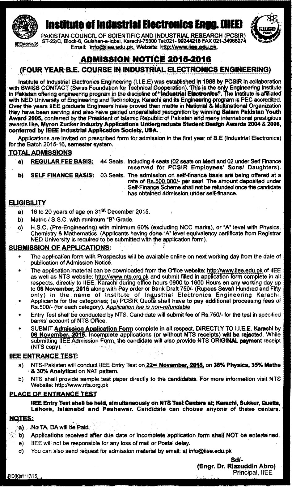 Institute of Industrial Electronics Engineering IIEE NTS Admissions Application Forms 2018