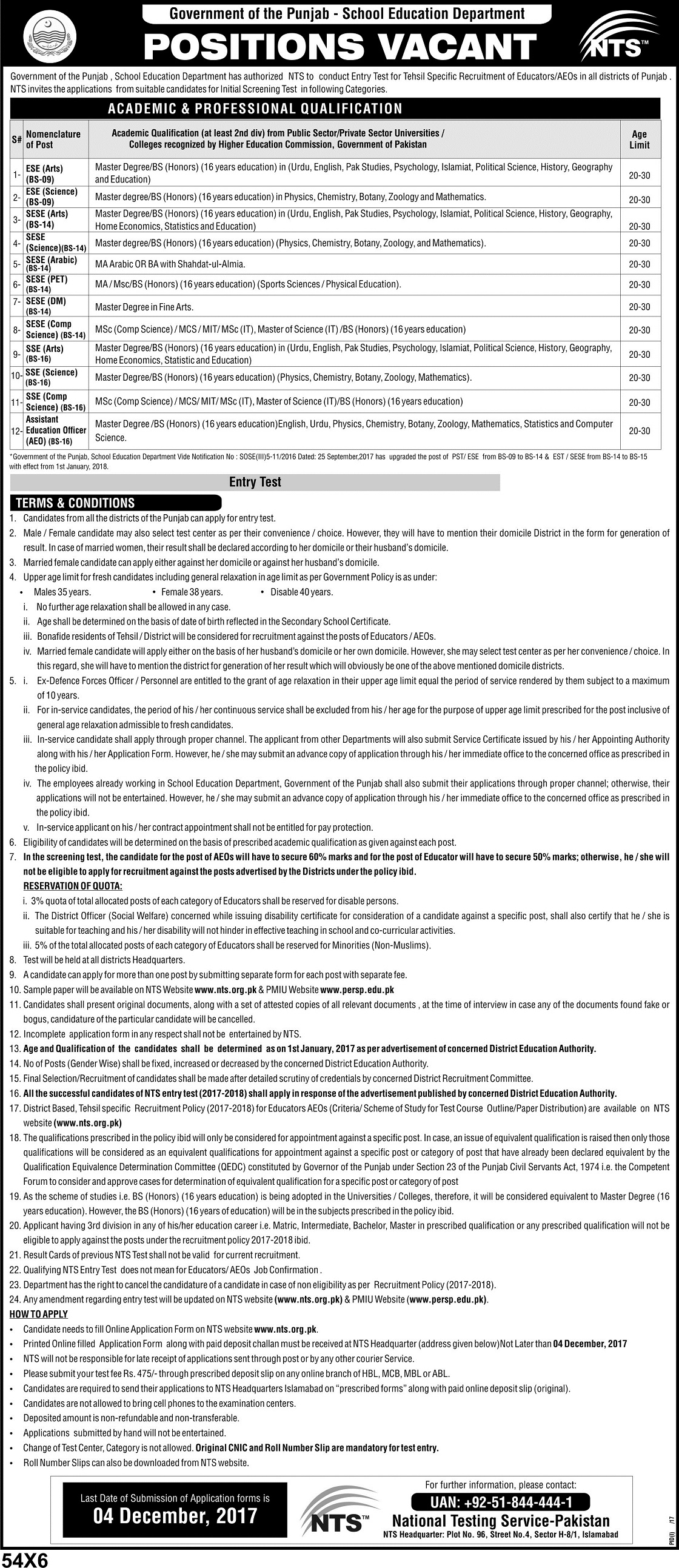 Punjab Educators Jobs November 2022 NTS Application Form
