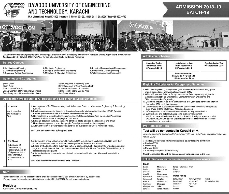 DUET Karachi NTS Admission Online Registration 2018