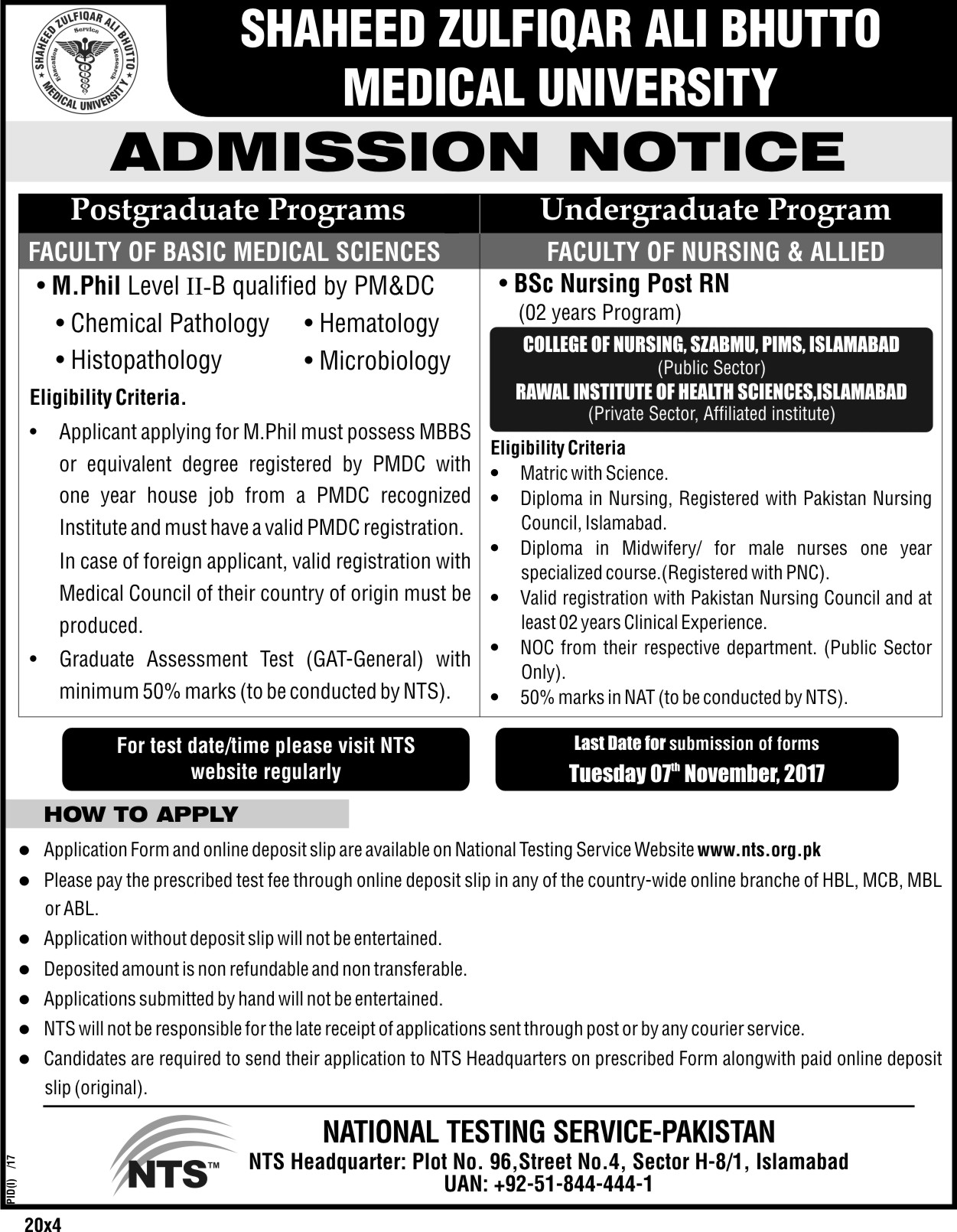 Medical Admission Shaheed Zulfiqar Ali Bhutto Medical University Islamabad NTS Entry Test 2022 Application Form