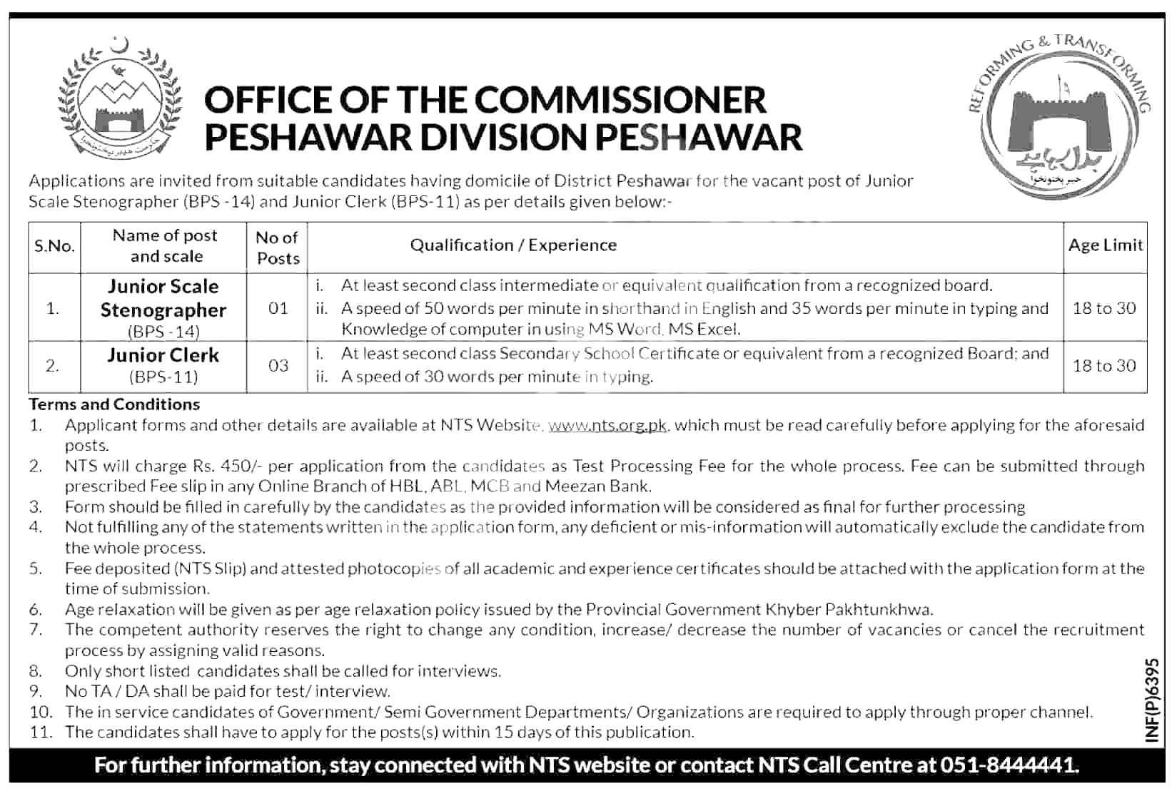 Commissioner Office Peshawar Jobs NTS Roll Number Slips 2023