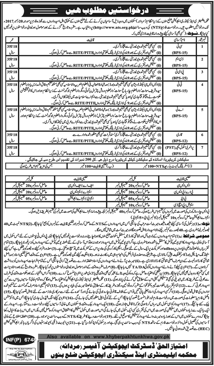 District Education Department Bannu Jobs NTS Application Forms 2023