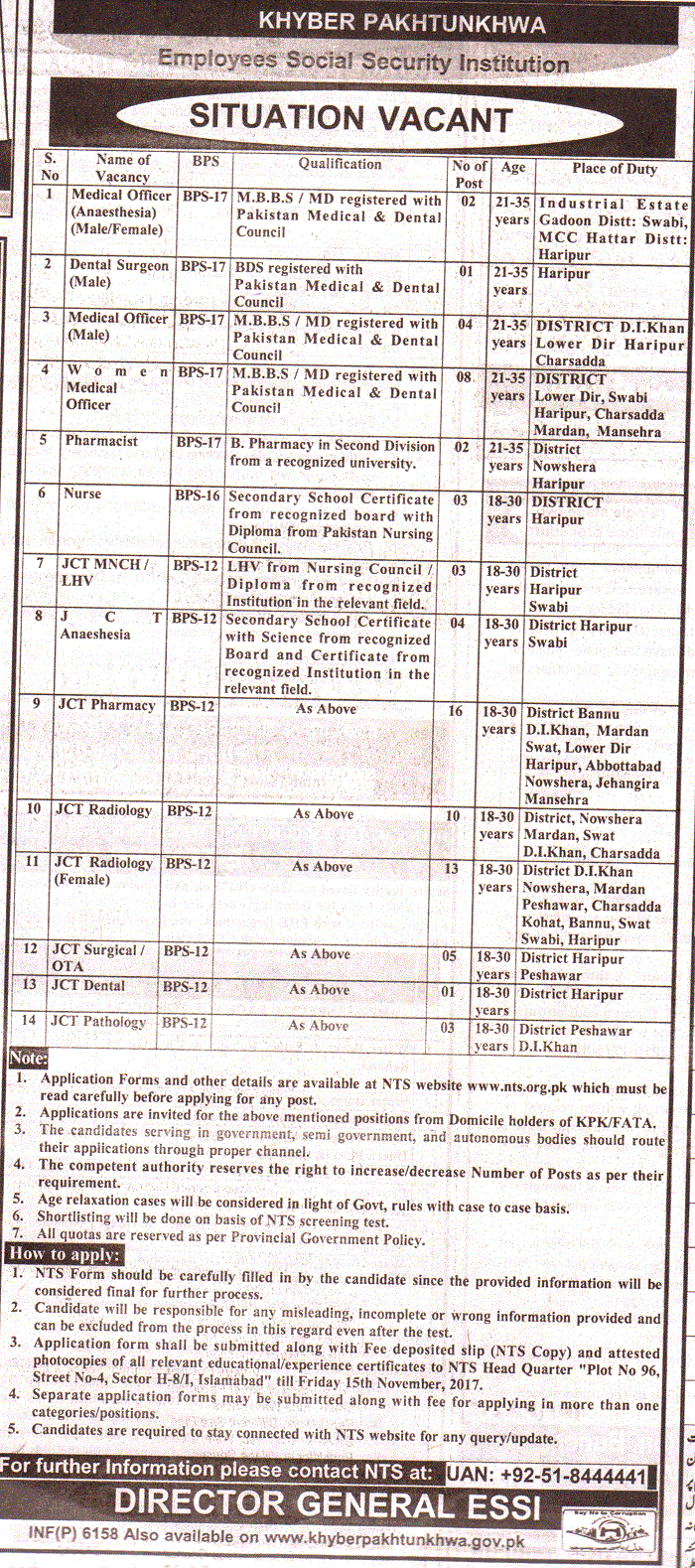 KPK Employees Social Security Institution Jobs NTS Roll Number Slips 2024