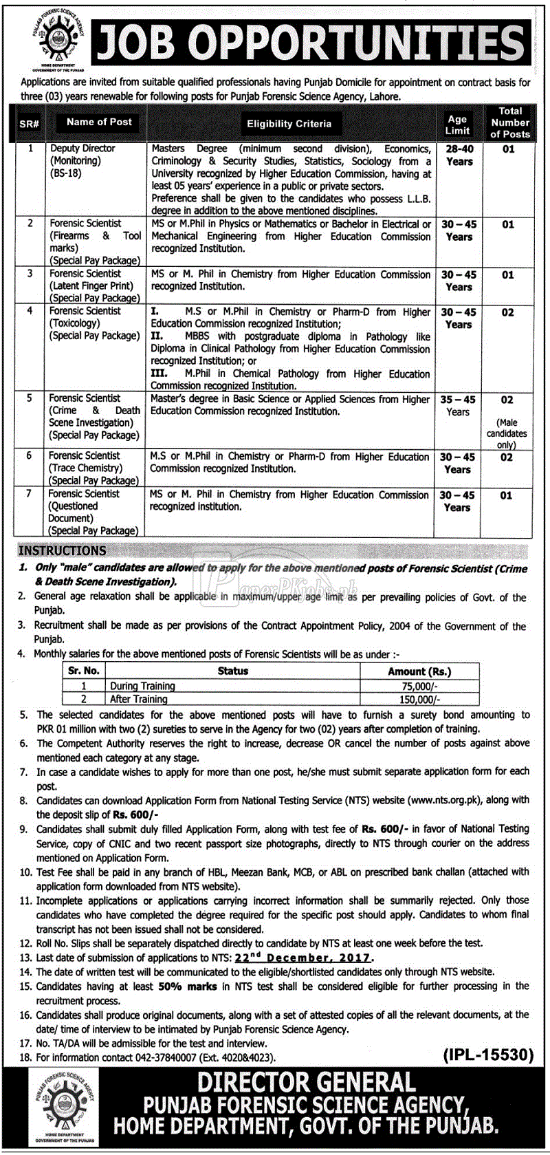 Punjab Forensic Science Agency NTS Jobs Application Forms Roll No Slips Download 2022