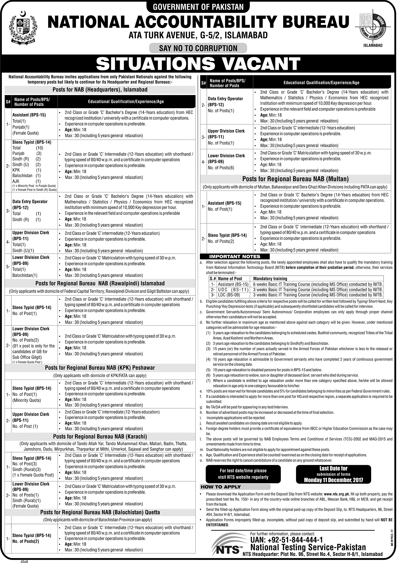 National Accountability Bureau NAB Peshawar Jobs NTS Roll No Slips Download 2024