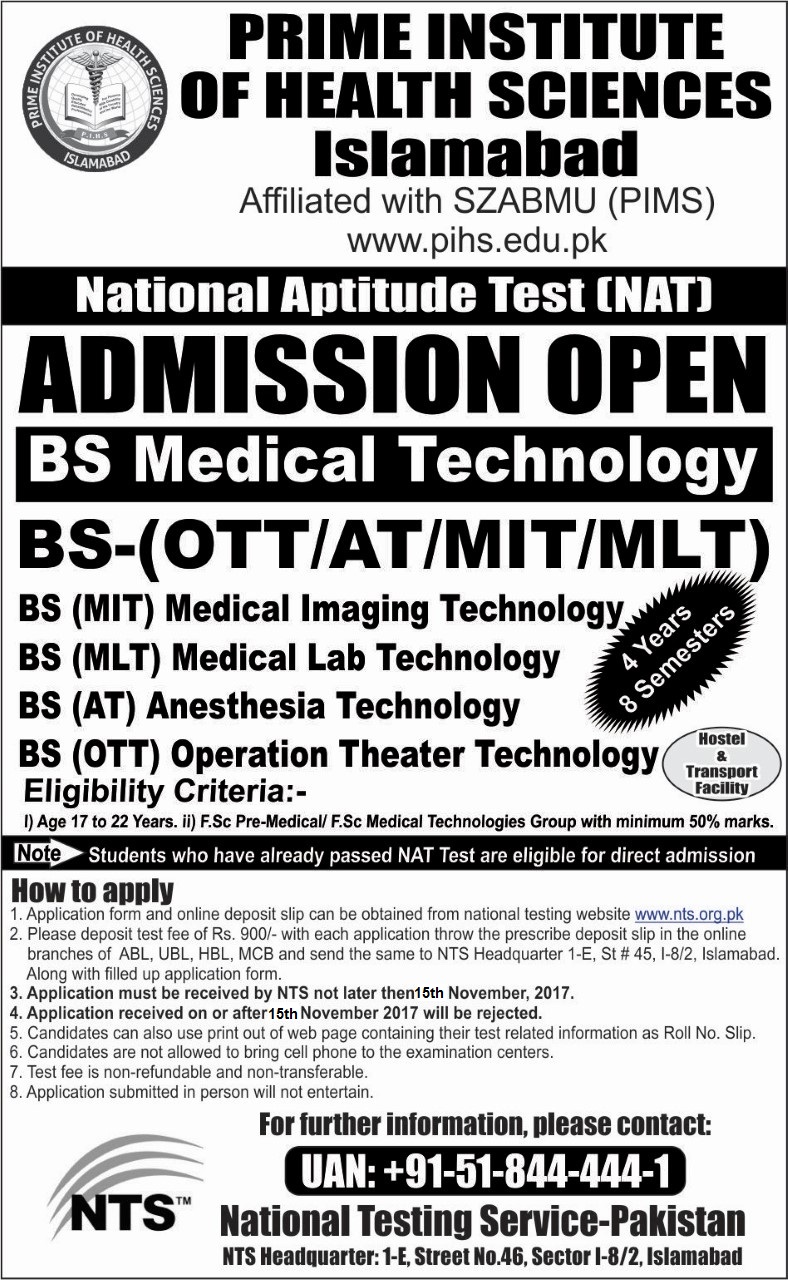Prime Institute of Health Science Admissions Test NTS Roll Number Slip 2022
