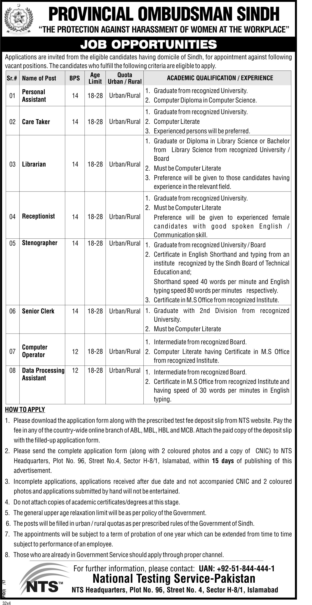 Provincial Ombudsman Sindh NTS Jobs Roll Number Slips 2023