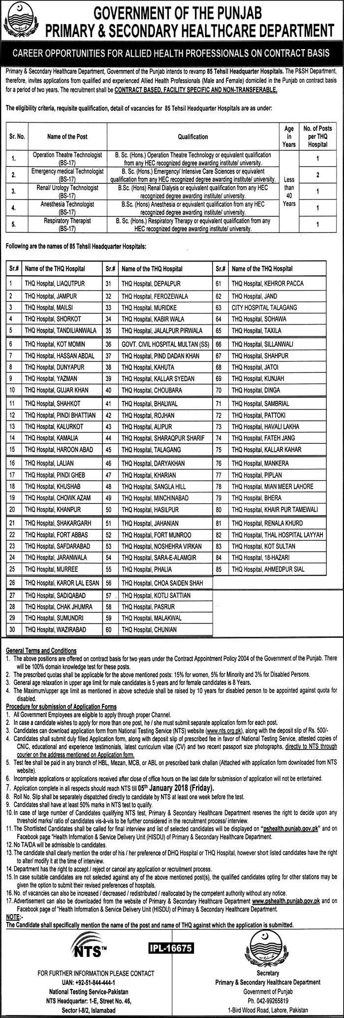 Primary & Secondary Healthcare Department Punjab NTS Jobs 2022