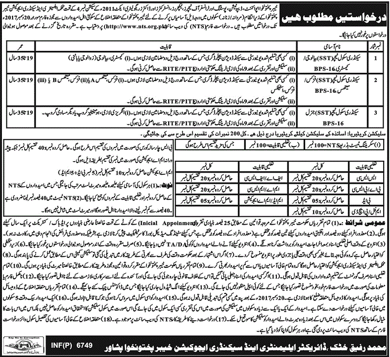 District Cadre KPK CT TT Teachers Jobs NTS Results 06th 07th 08th April 2018 Directorate of Elementary and Secondary Education Khyber Pakhtunkhwa Peshawar