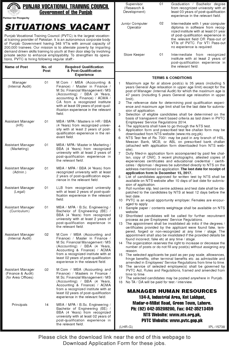 Punjab Vocational Training Council Jobs NTS Application Forms 2023