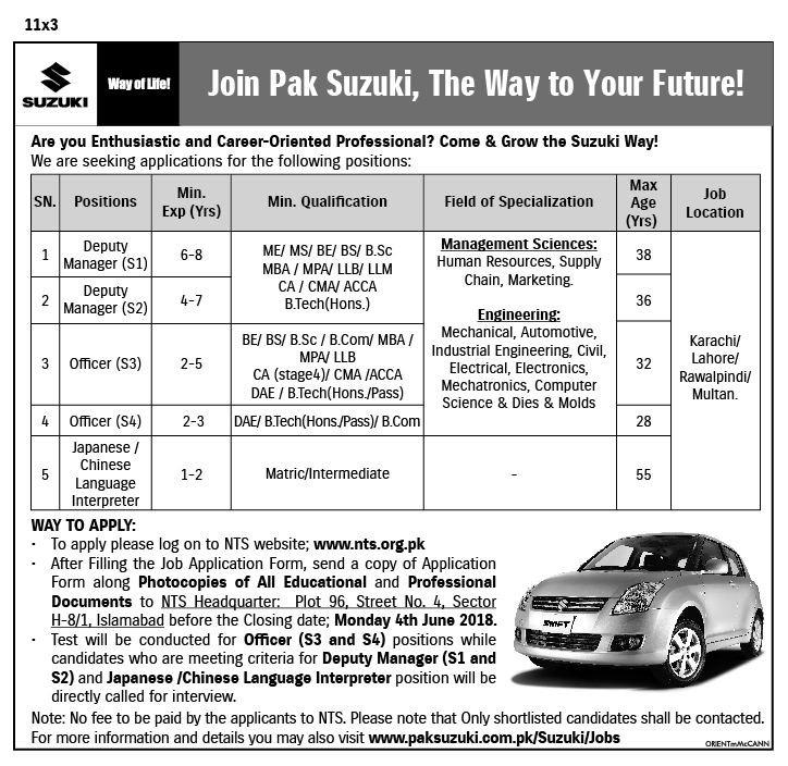 Pak Suzuki Motor Company NTS Jobs 2018 Application Forms