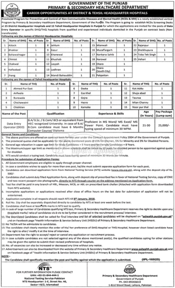 Health Department Punjab Data Entry Operator NTS Jobs Application Forms 2022