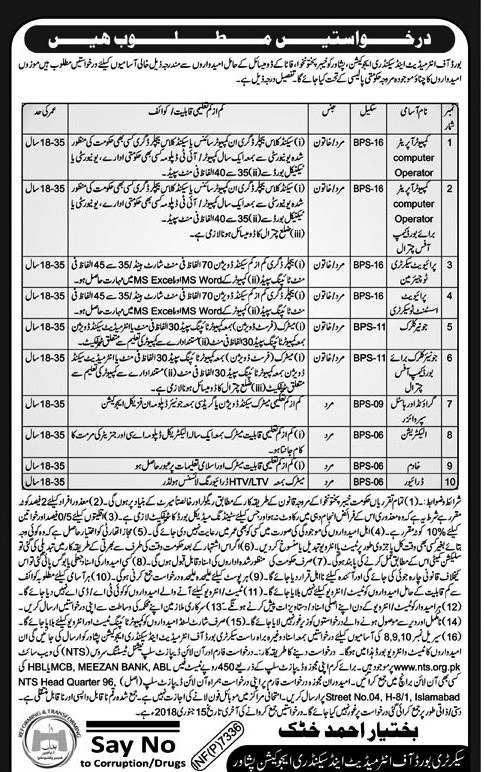 BISE Peshawar NTS Jobs Application Forms 2023