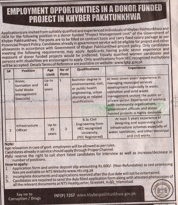 Khyber Pakhtunkhwa Donor Funded Project NTS Jobs Application Forms 2018
