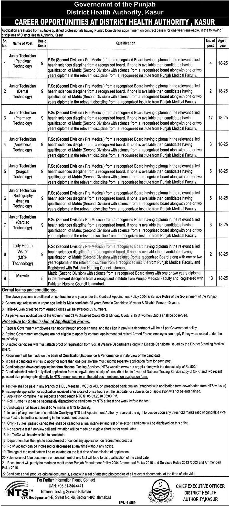 District Health Authority Kasur NTS Jobs Application Forms 2018