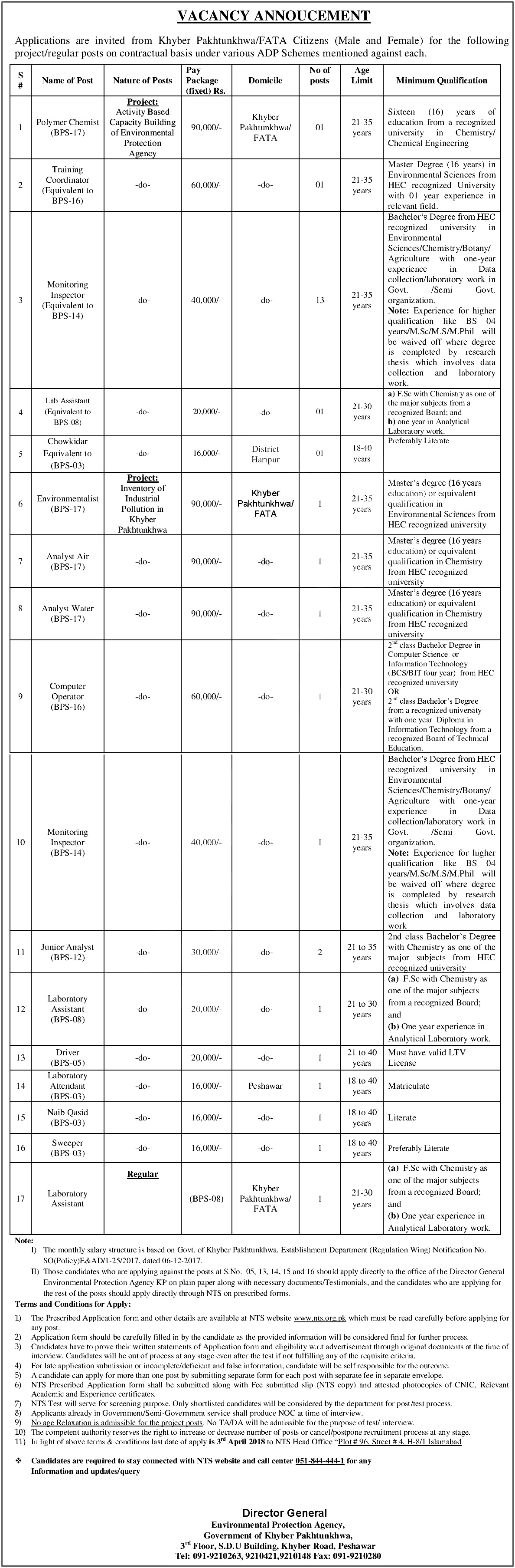 Khyber Pakhtunkhwa Environmental Protection Agency KPK NTS Jobs Results 21st 22nd April 2018