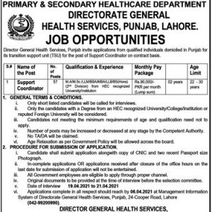 Punjab Health Department Support Coordinator Jobs Application Forms 2021