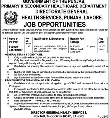 Punjab Health Department Support Coordinator Jobs Application Forms 2022