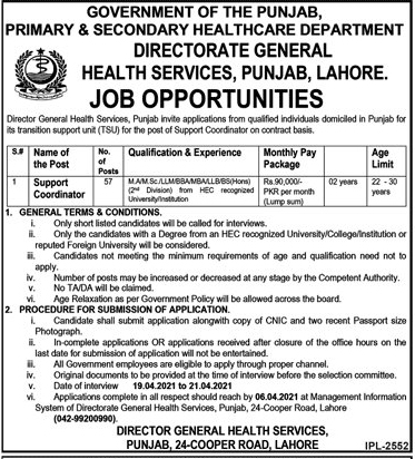 Punjab Health Department Support Coordinator Jobs Application Forms 2024