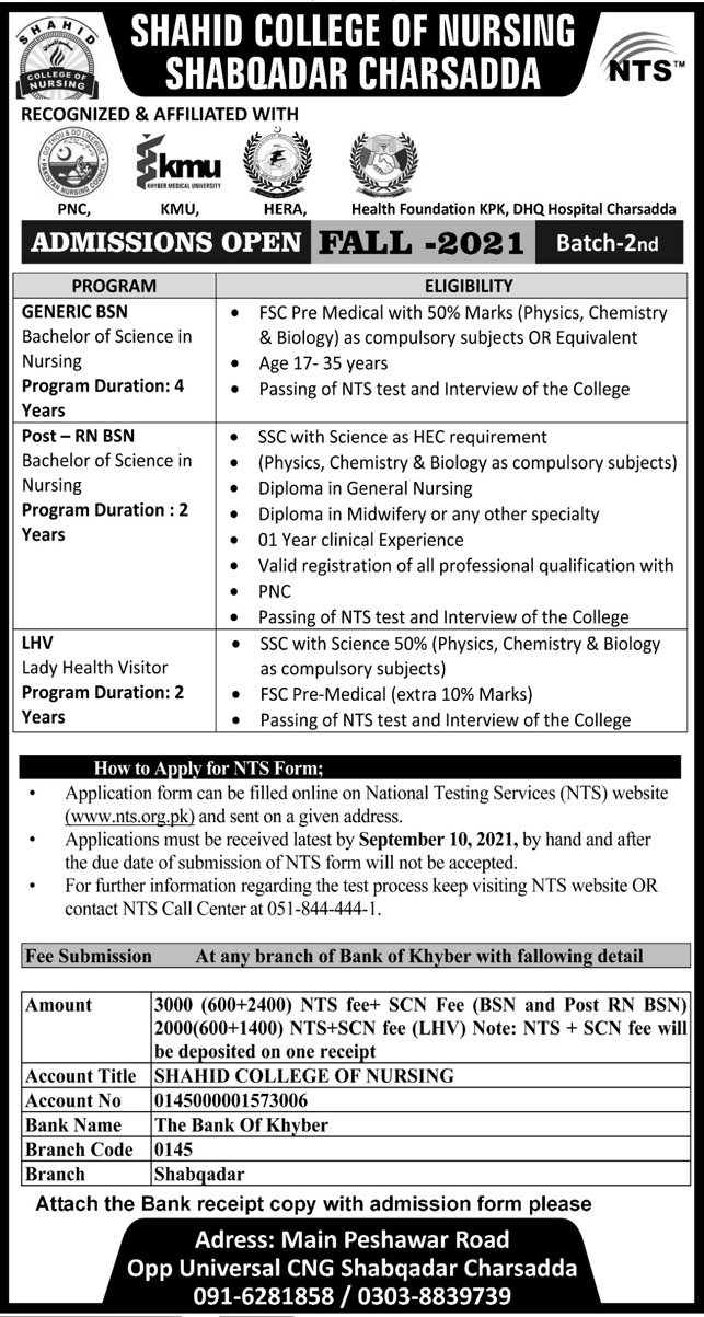 Shahid College Of Nursing Shabqadar Admission Test Fall 2021