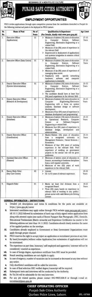 Punjab Safe Cities Authority PSCA Jobs 2024 Apply online