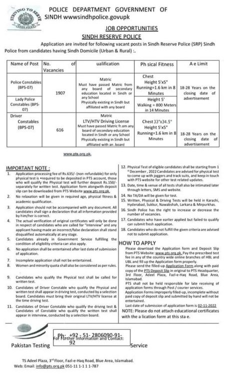 Sindh Police Constable Jobs 2024 PTS Application Form