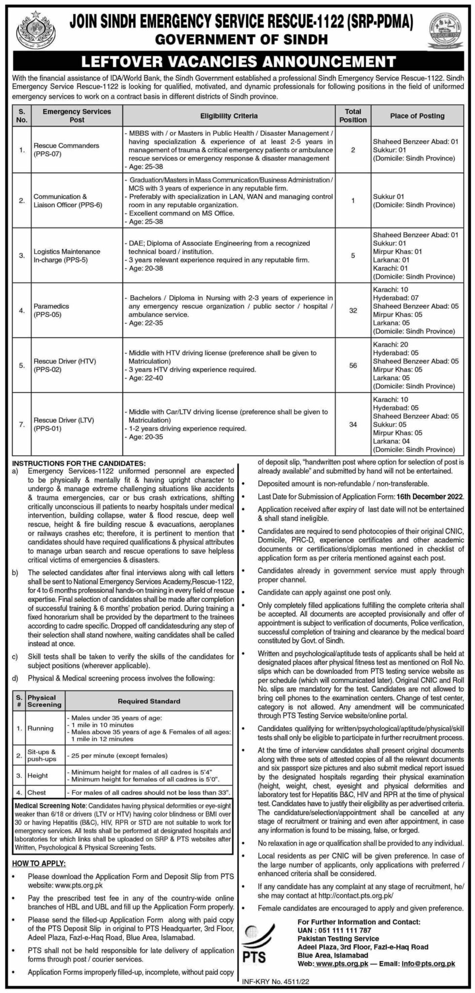 Sindh Rescue 1122 Jobs 2024 PTS Application Form
