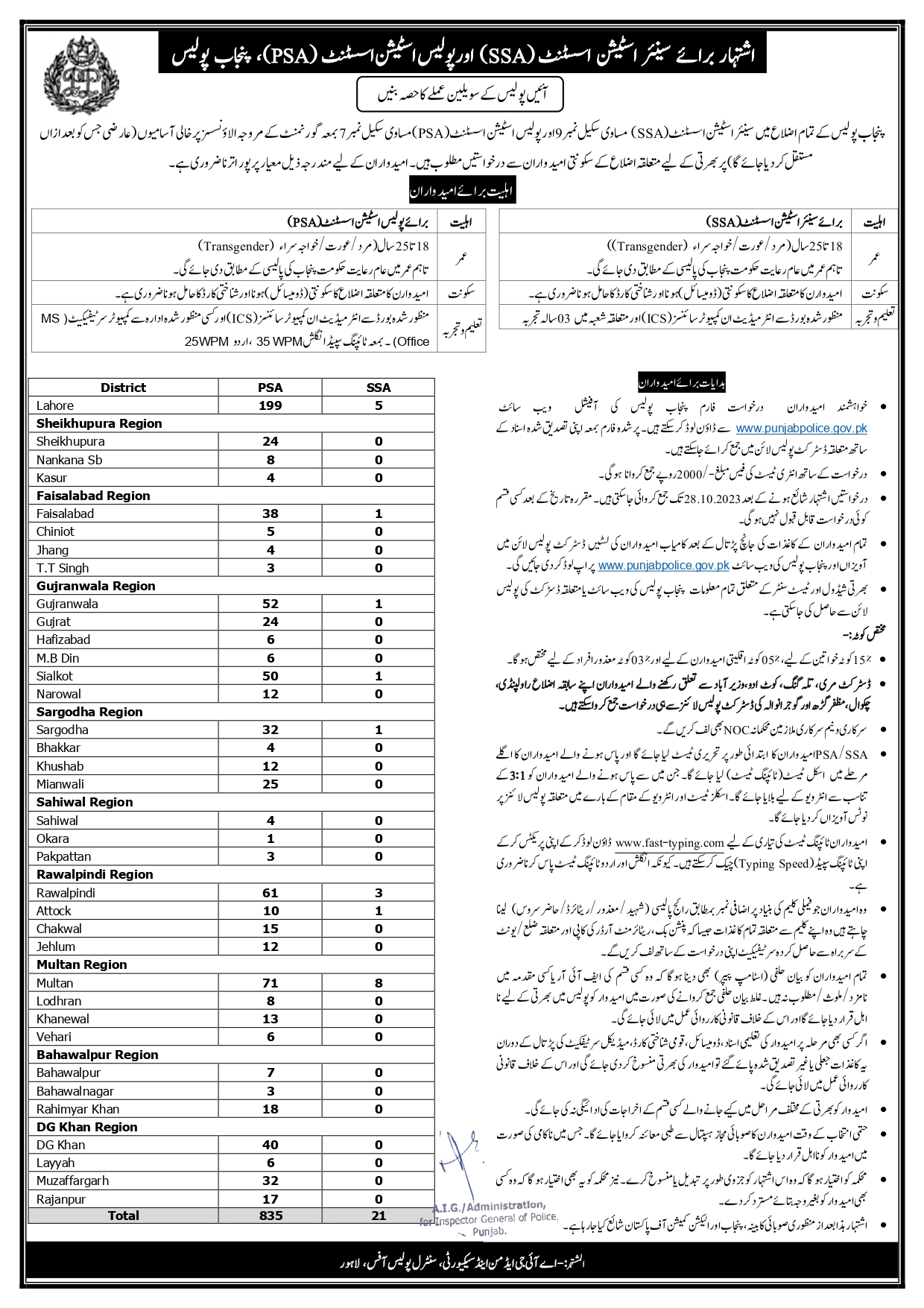 Note that roll number slips are only for those who have applied for Punjab Police jobs through the BISE Lahore. Download Constable, Lady Constable